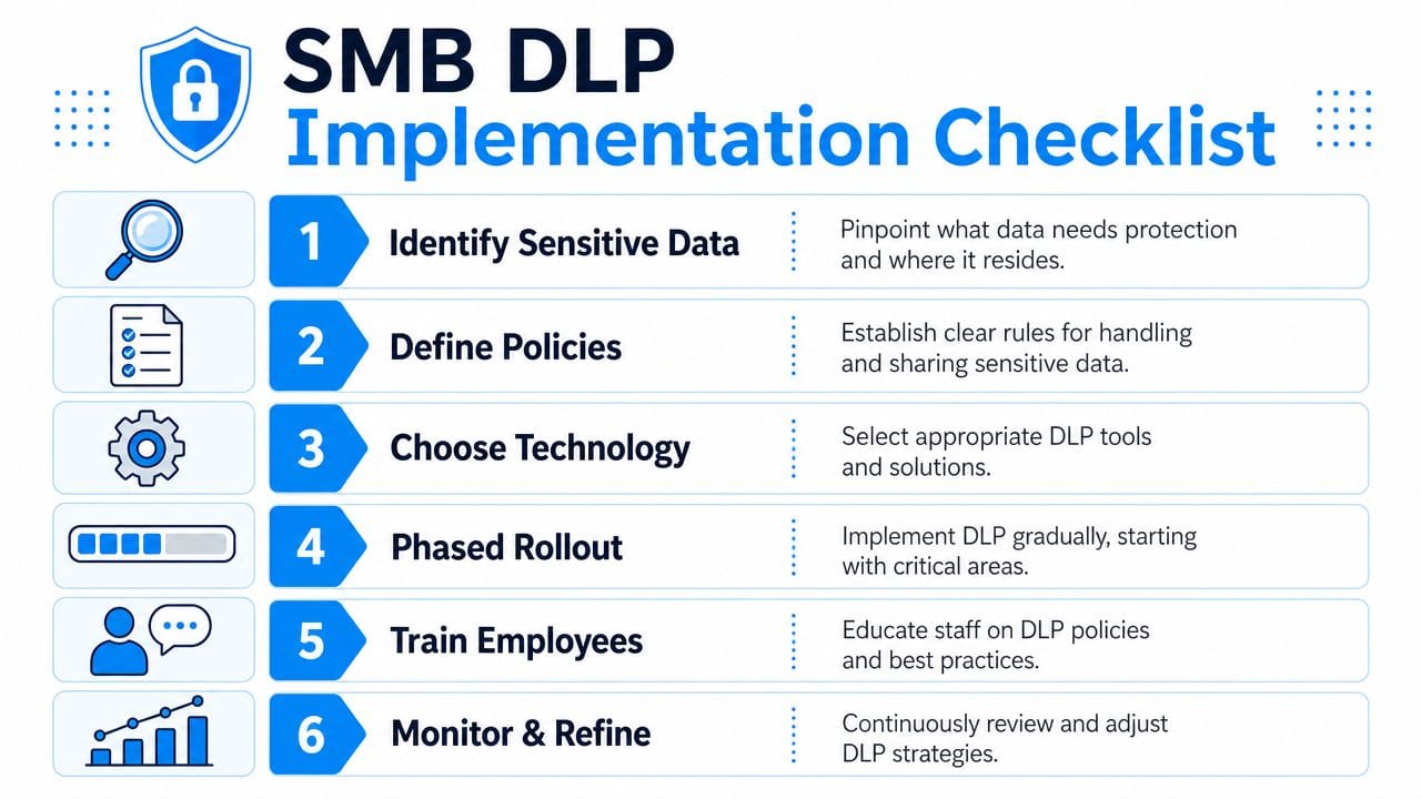 A six-step checklist for SMB data loss prevention implementation, outlining essential steps for protecting business information effectively.