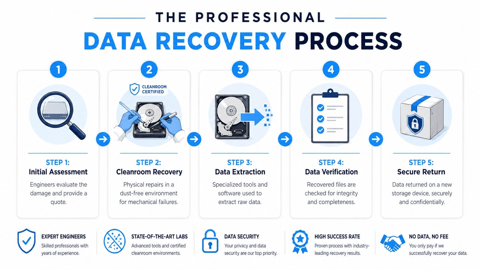 A professional five-step data recovery process diagram showing assessment, cleanroom repair, extraction, verification, and secure return.
