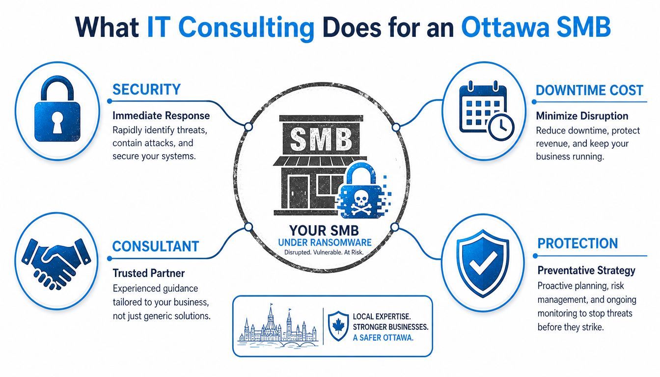 An infographic illustrating how IT consulting services protect Ottawa small businesses from ransomware attacks and disruptions.
