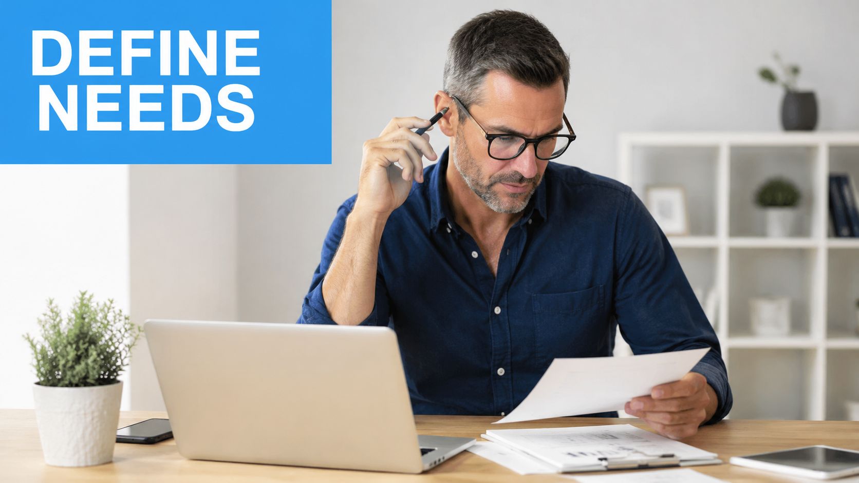 A professional man with glasses sitting at a desk and reviewing business documents while using a laptop.