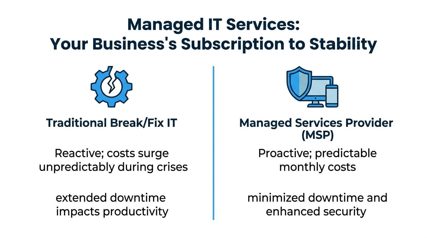 A comparison graphic between traditional reactive break-fix IT support and proactive managed IT services provider models.