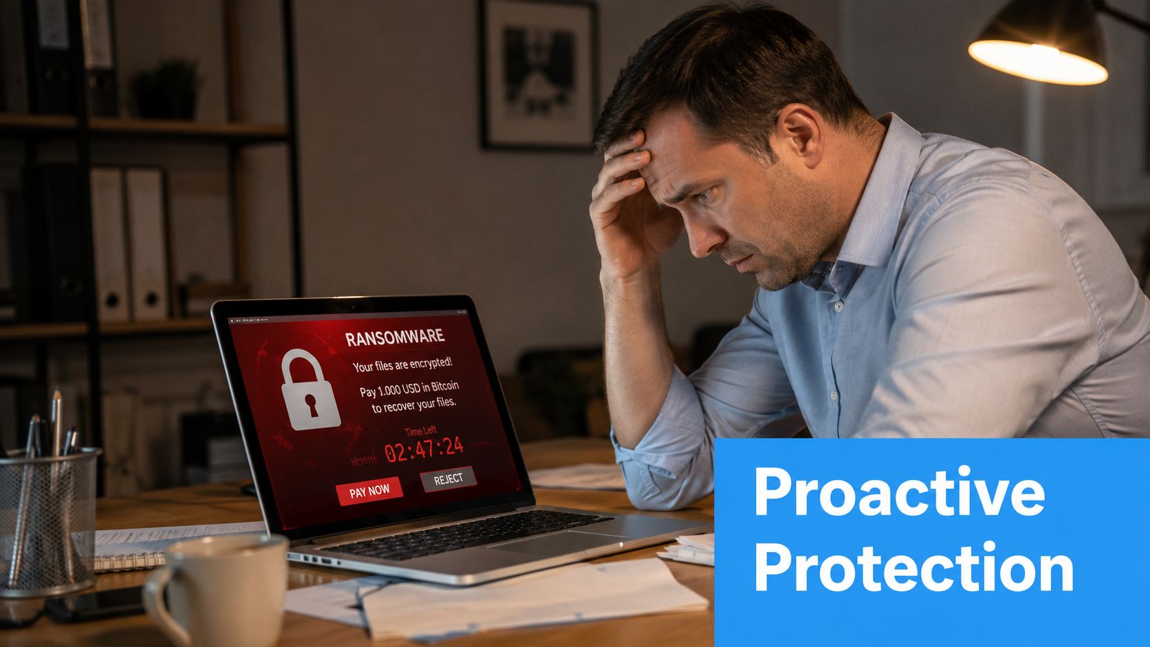 A stressed man looking at a laptop computer displaying a red ransomware security threat alert message.