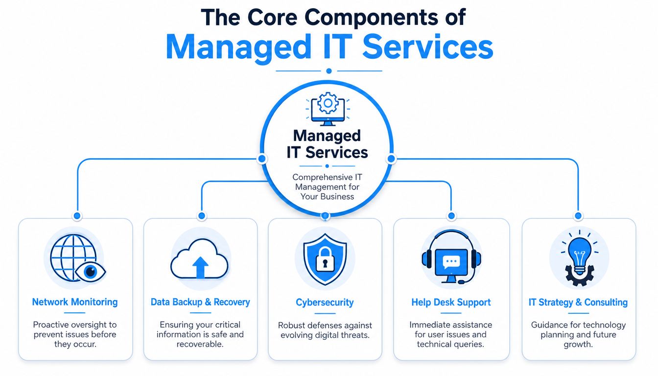 A diagram illustrating the core components of managed IT services, including monitoring, backup, security, support, and consulting.