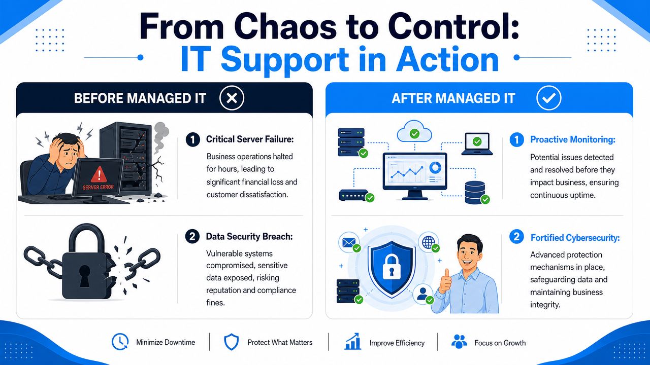 A comparison infographic showing how managed IT services prevent server failures and data breaches for businesses.