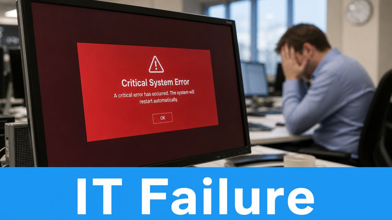 A frustrated office worker holding his head in front of a computer showing a critical system error.