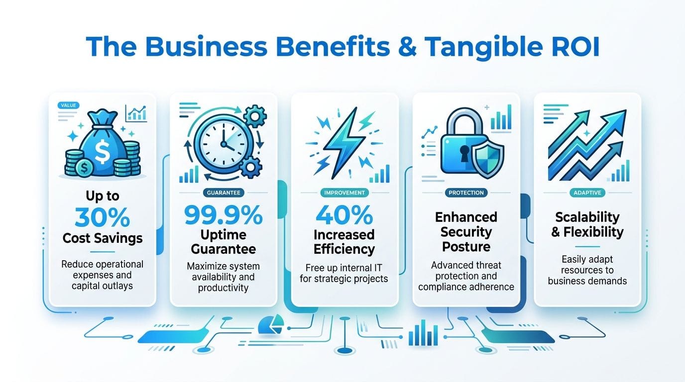 An infographic showing five key business benefits of managed IT cloud services including cost savings and uptime.