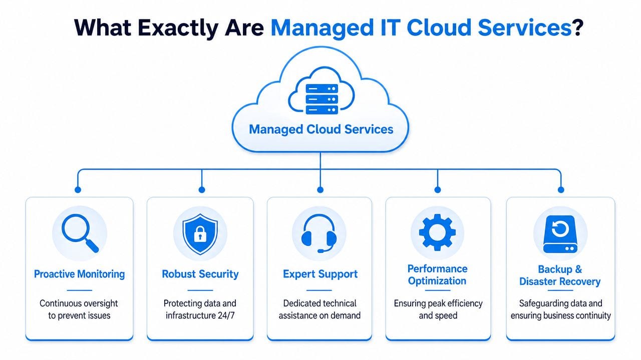 A diagram outlining five key components of managed IT cloud services including support, security, and backups.