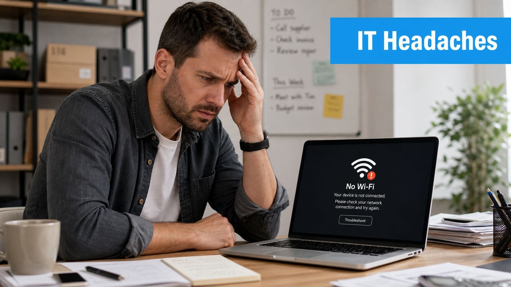 A frustrated man sits at a desk with his head in his hand looking at a disconnected laptop.