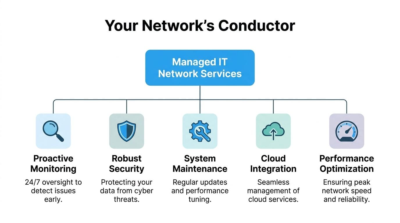 A diagram outlining Managed IT Network Services including monitoring, security, maintenance, integration, and performance optimization.