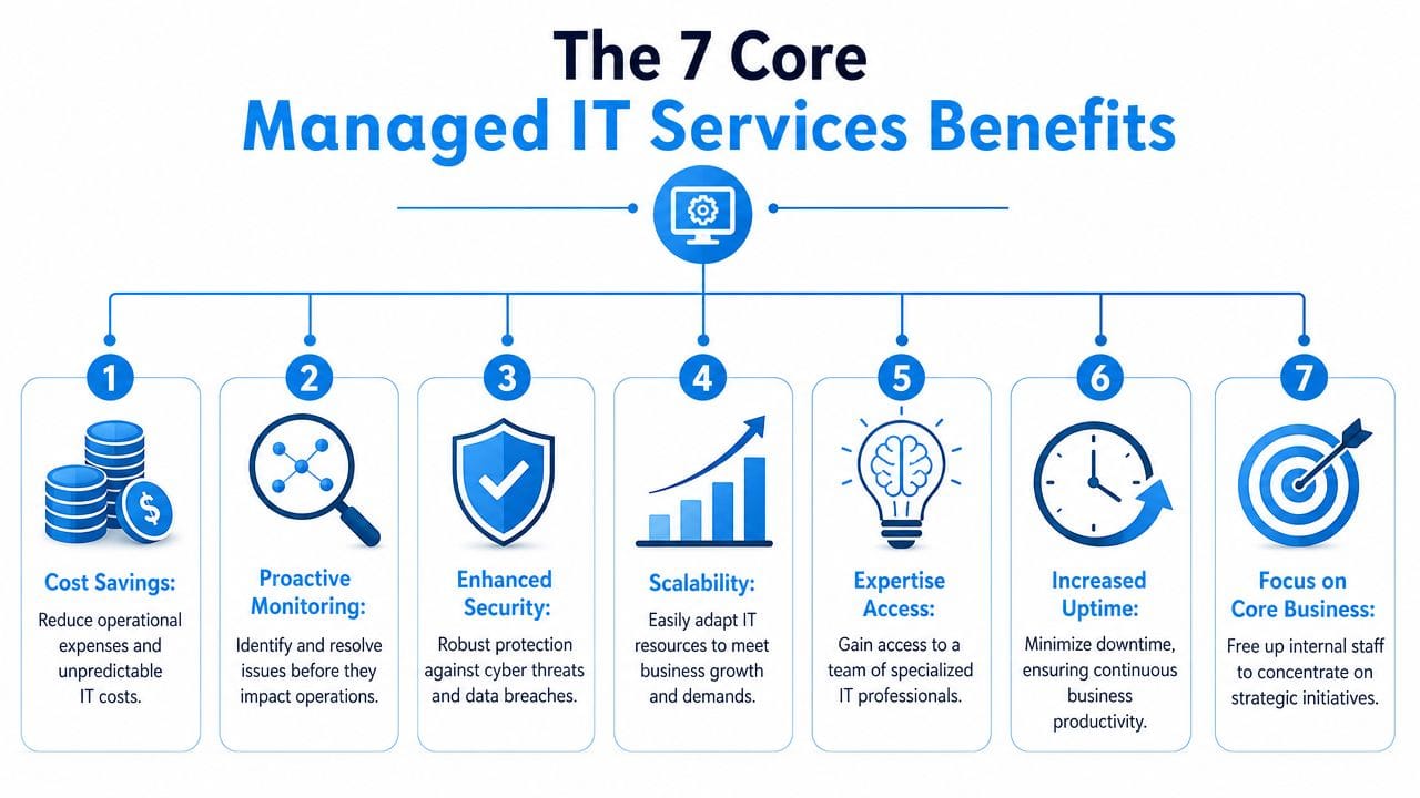 An infographic detailing the seven core benefits of managed IT services for businesses to improve efficiency.