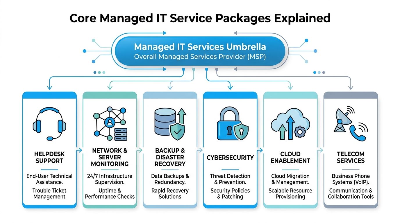 A diagram illustrating the core components and services included under a managed IT services provider umbrella.