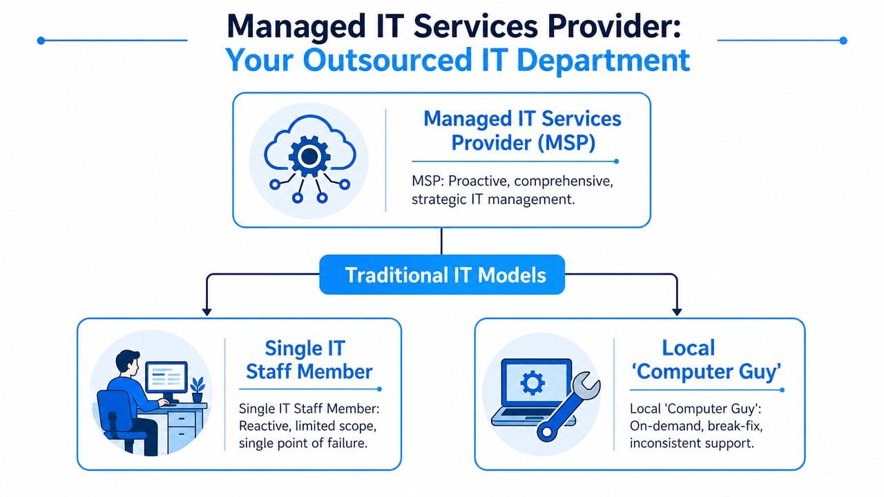 A comparison chart showing Managed IT Services Providers against traditional IT support models like internal staff.