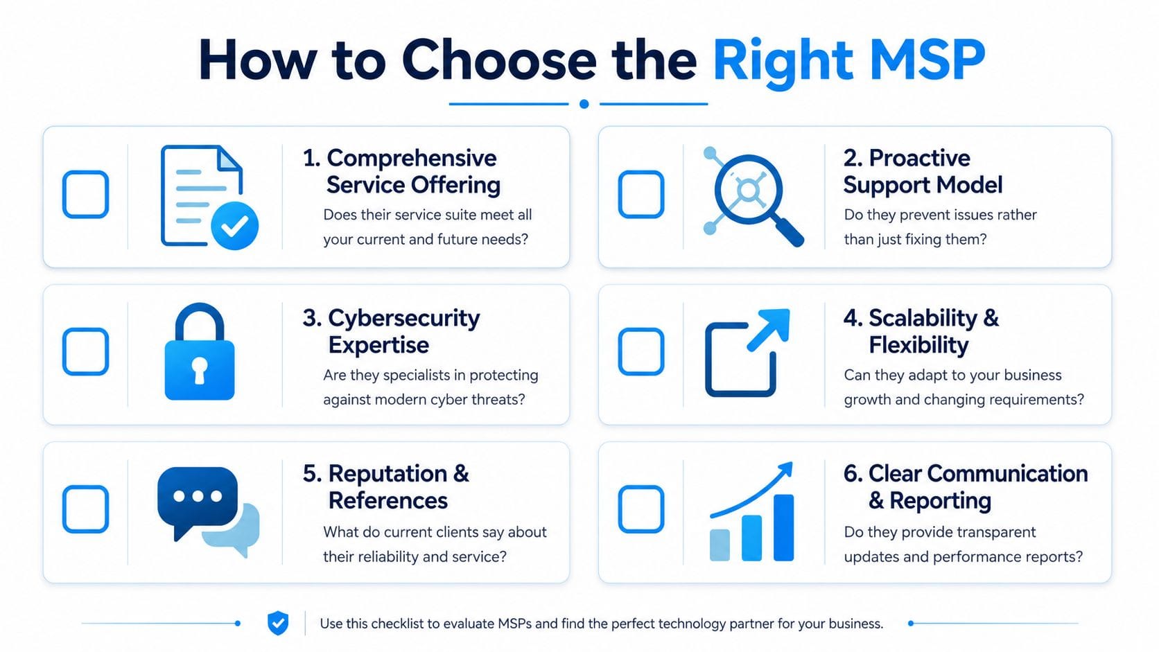 A checklist for businesses to evaluate and select the right managed IT services provider effectively.