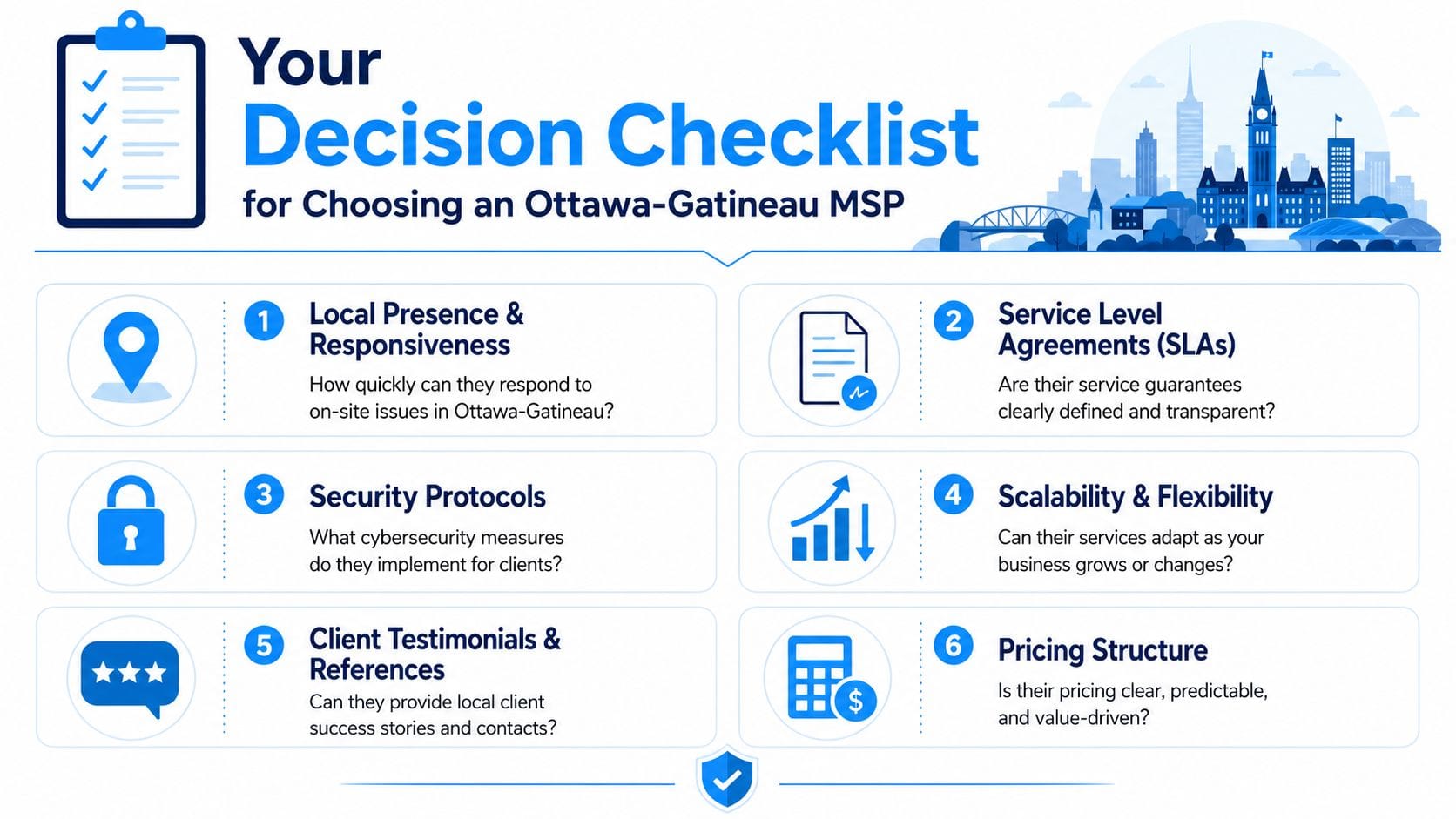 A helpful infographic titled Your Decision Checklist for Choosing an Ottawa-Gatineau MSP detailing six essential criteria.