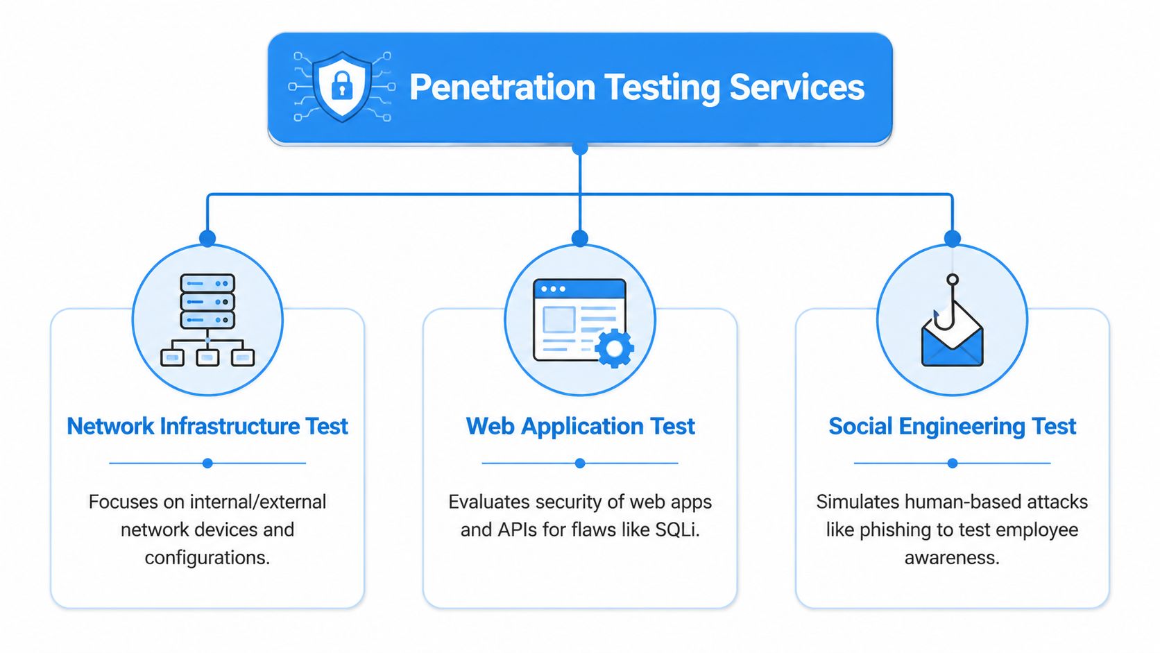 An infographic showing penetration testing services including network infrastructure, web application, and social engineering tests.