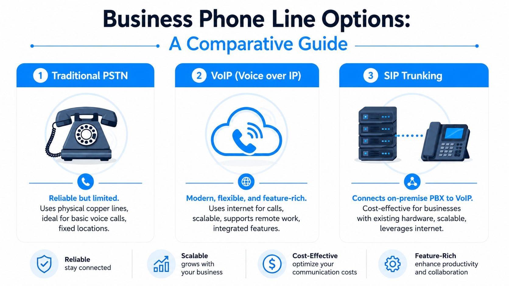 A comparison chart showing three business phone line options: Traditional PSTN, VoIP, and SIP Trunking.