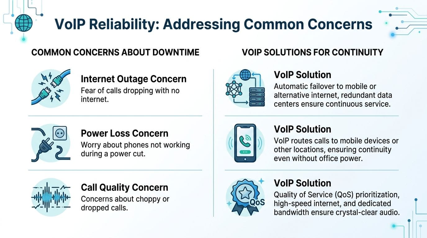 An infographic illustrating VoIP reliability solutions for common business concerns like internet outages, power loss, and call quality.