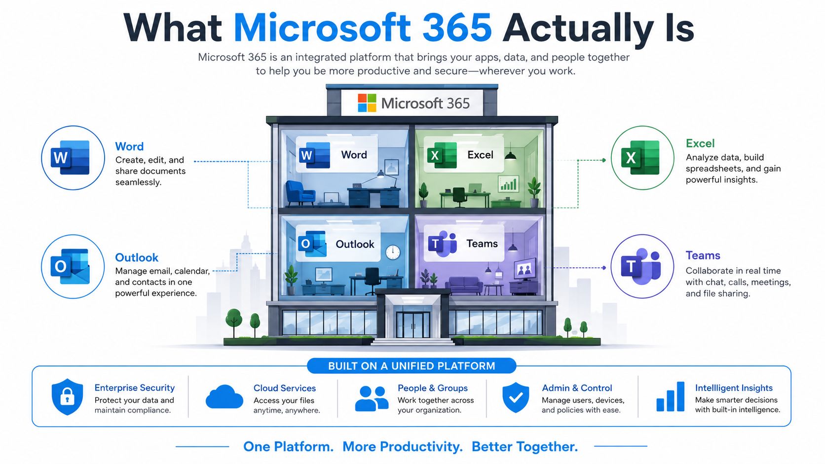 An infographic showing Microsoft 365 as a building containing productivity tools like Word, Excel, Outlook, and Teams.