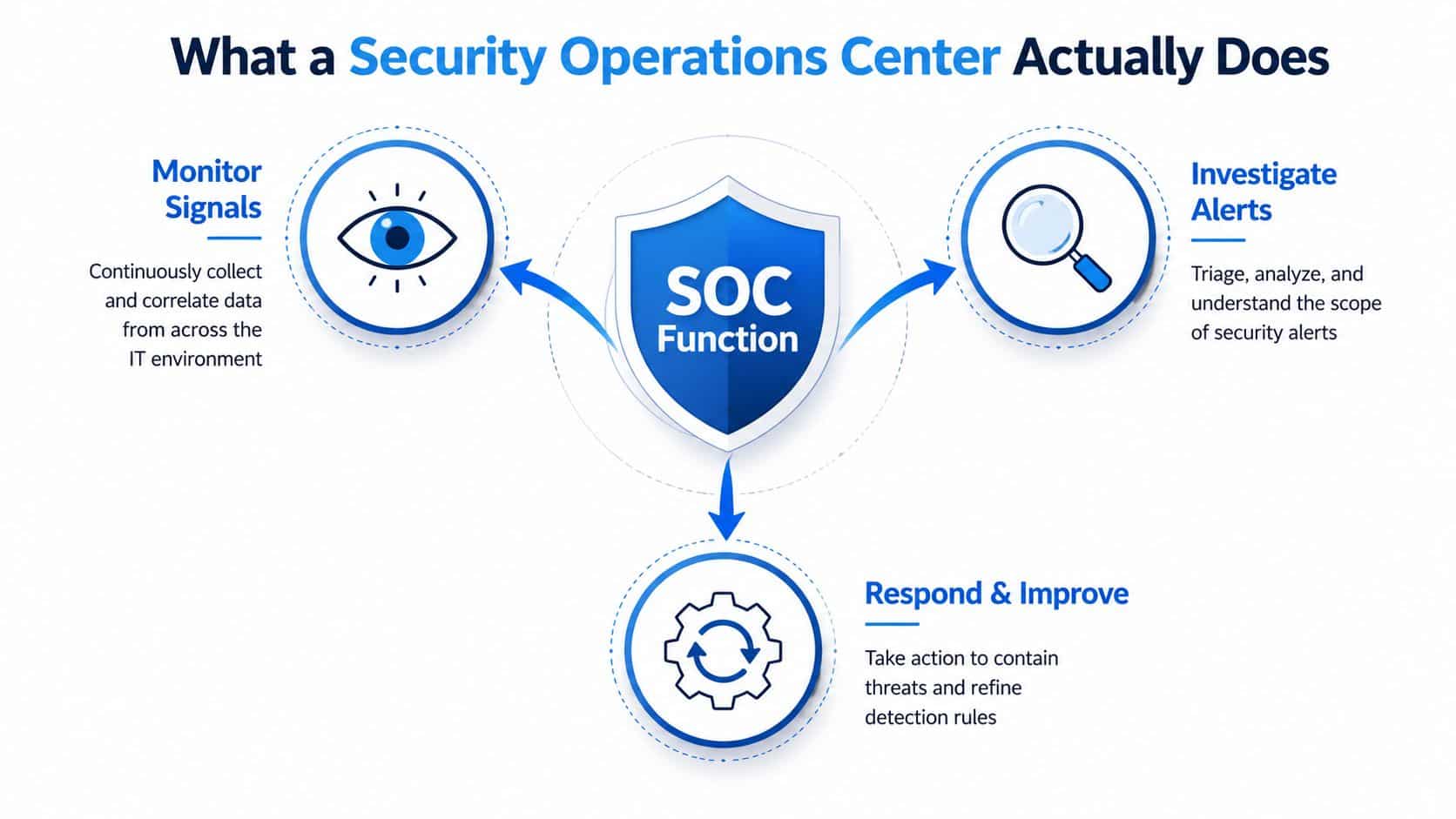 A diagram illustrating the three core functions of a Security Operations Center: monitor, investigate, and respond.