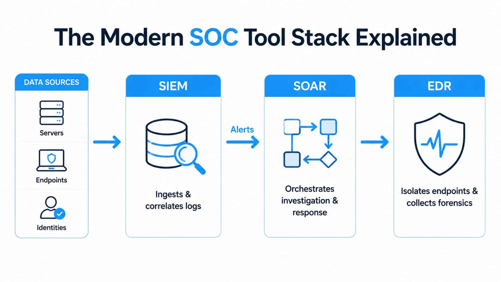 A diagram illustrating the modern Security Operations Center tool stack including Data Sources, SIEM, SOAR, and EDR.
