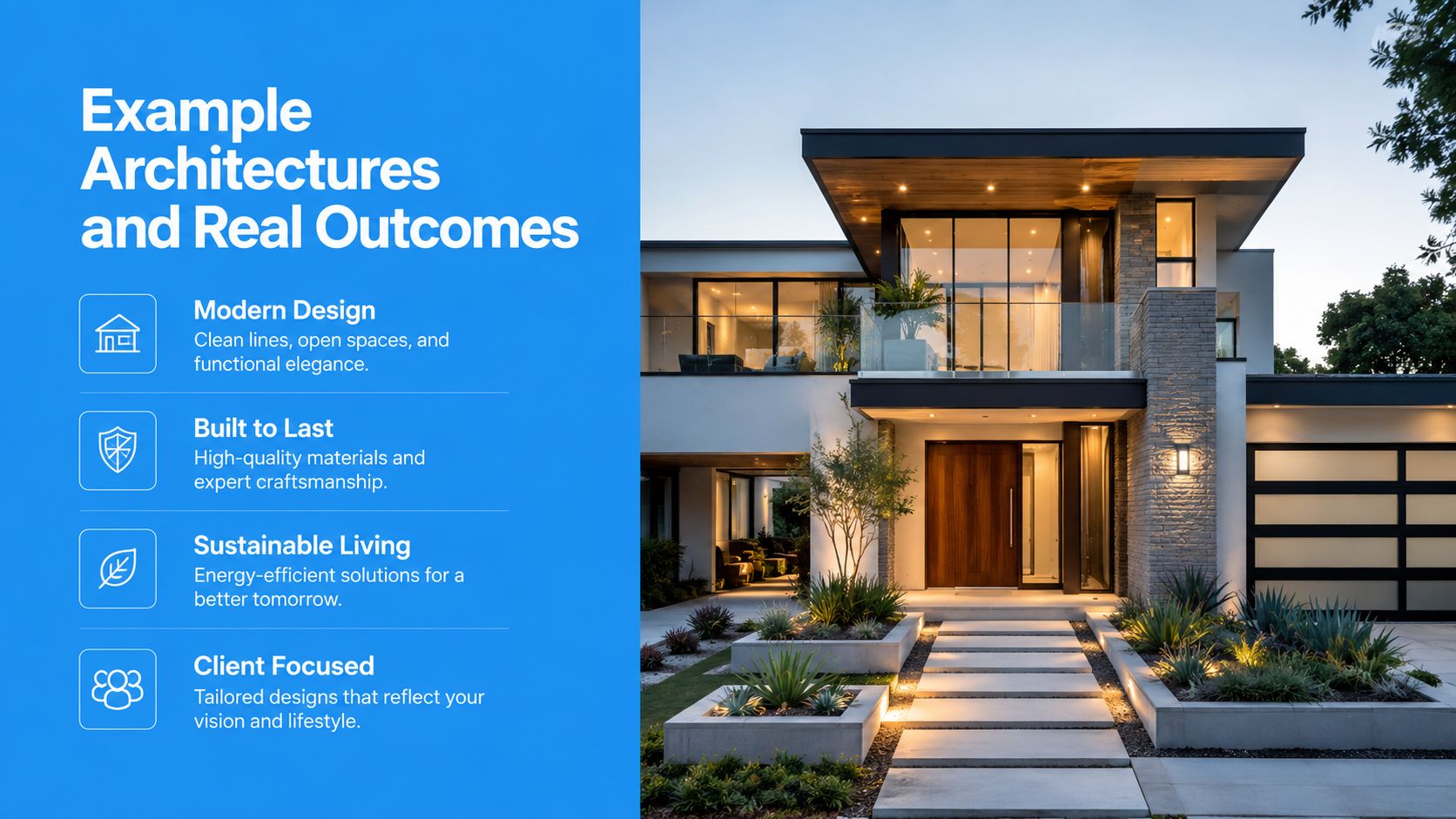 A modern two-story house with minimalist architecture, landscaped garden, and integrated smart home design elements.
